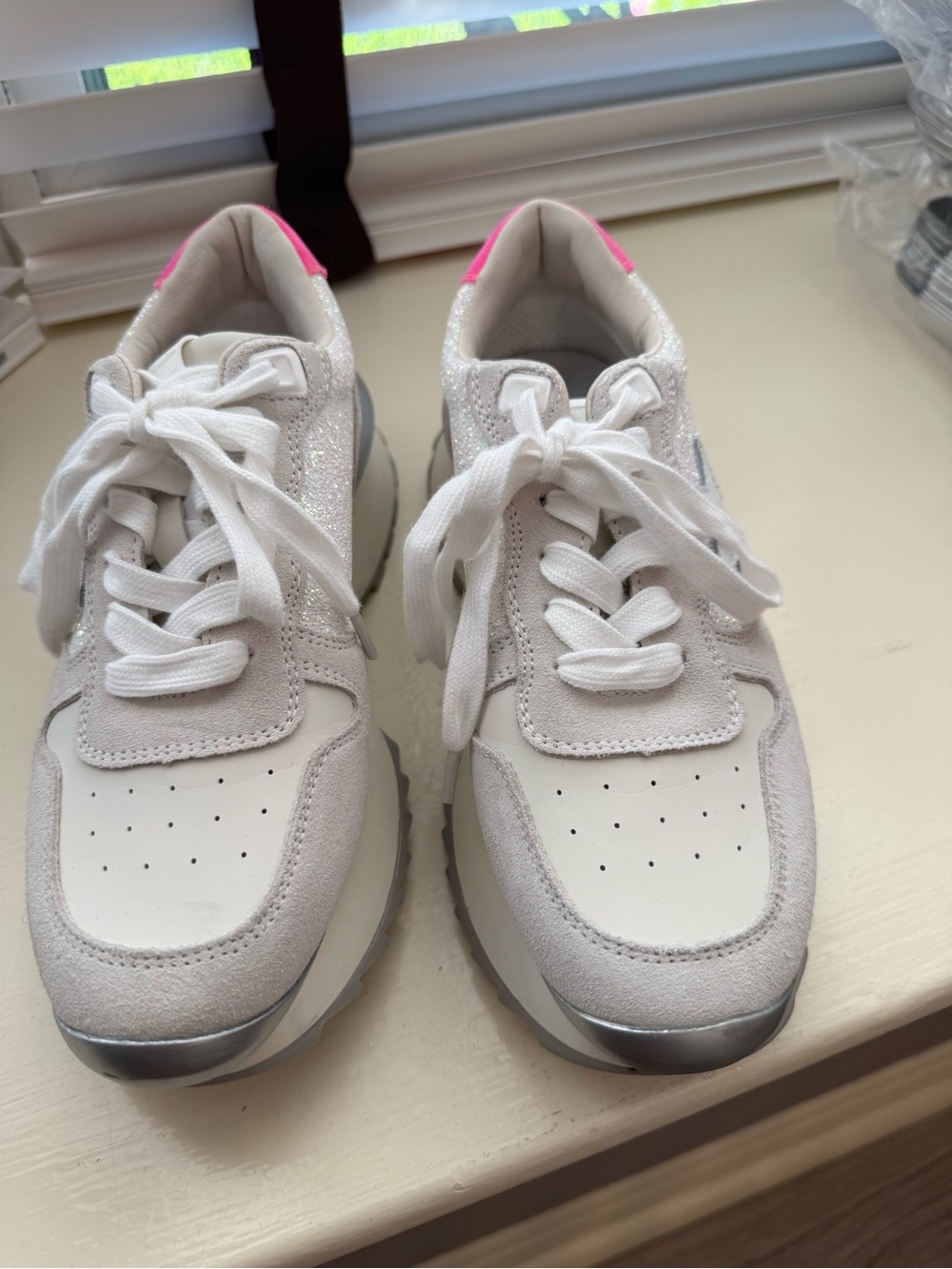 Vintage Havana White and Silver Sneakers with Pink Heel Tab